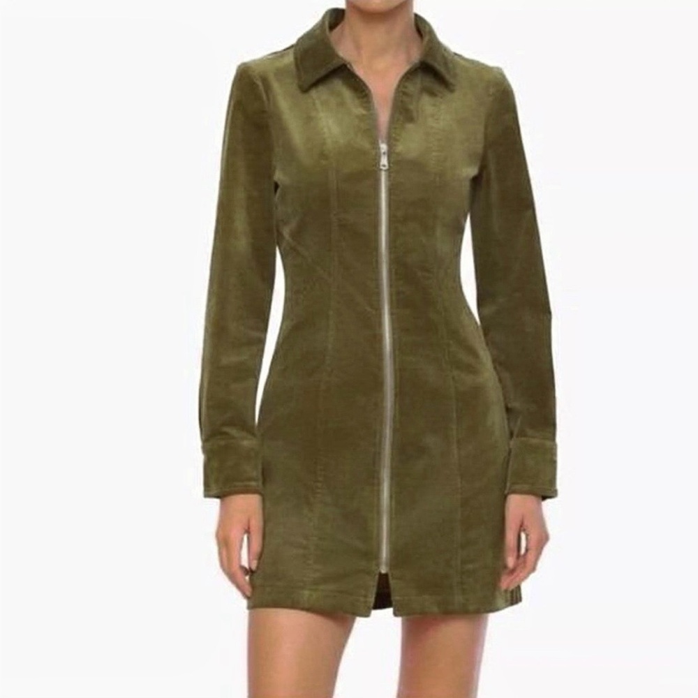 NWT 7 For All Mankind Olive Corduroy Zip Up Collared Dress Size 2 - Western